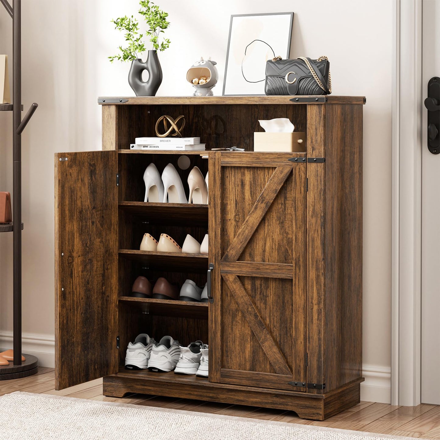 ALLSTAND 6-Tier Shoe Cabinet with Doors, Entryway Shoe Rack Wooden Shoe Storage Cabinet with Adjustable Shelves & Anti-tip Fitting, Farmhouse Shoe Cabinet Storage for Entryway, Living Room, Closet