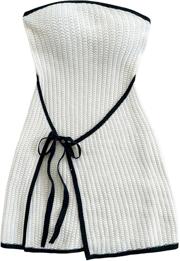 MakeMeChic Women's Knitted Strapless Sweater Dress Wrap Tie Front Party Mini Tube Dresses