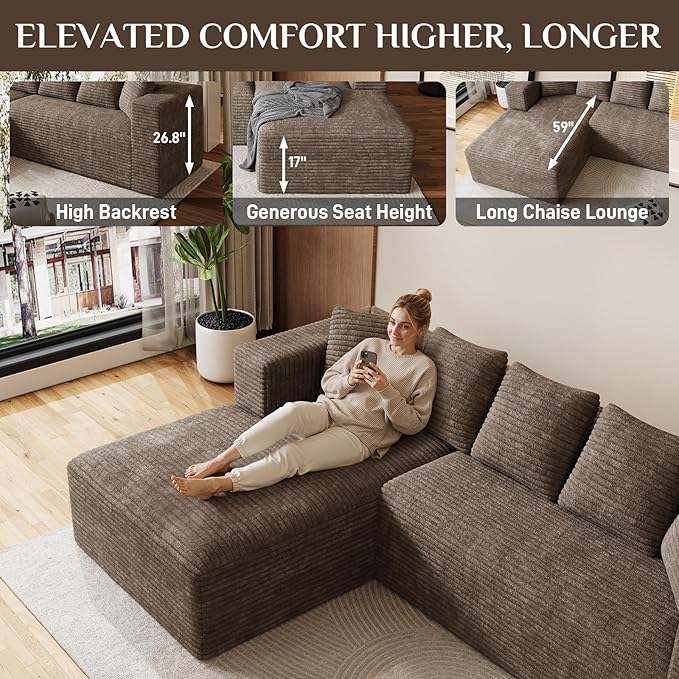 Modular Sectional Sofa, 107" L Shaped Cloud Couch Plush Corduroy Deep Seat Boneless Sofas with 5 Pillows Long Chaise Lounge Couches Memory Foam for Living Room, Brown - Left Facing Chaise