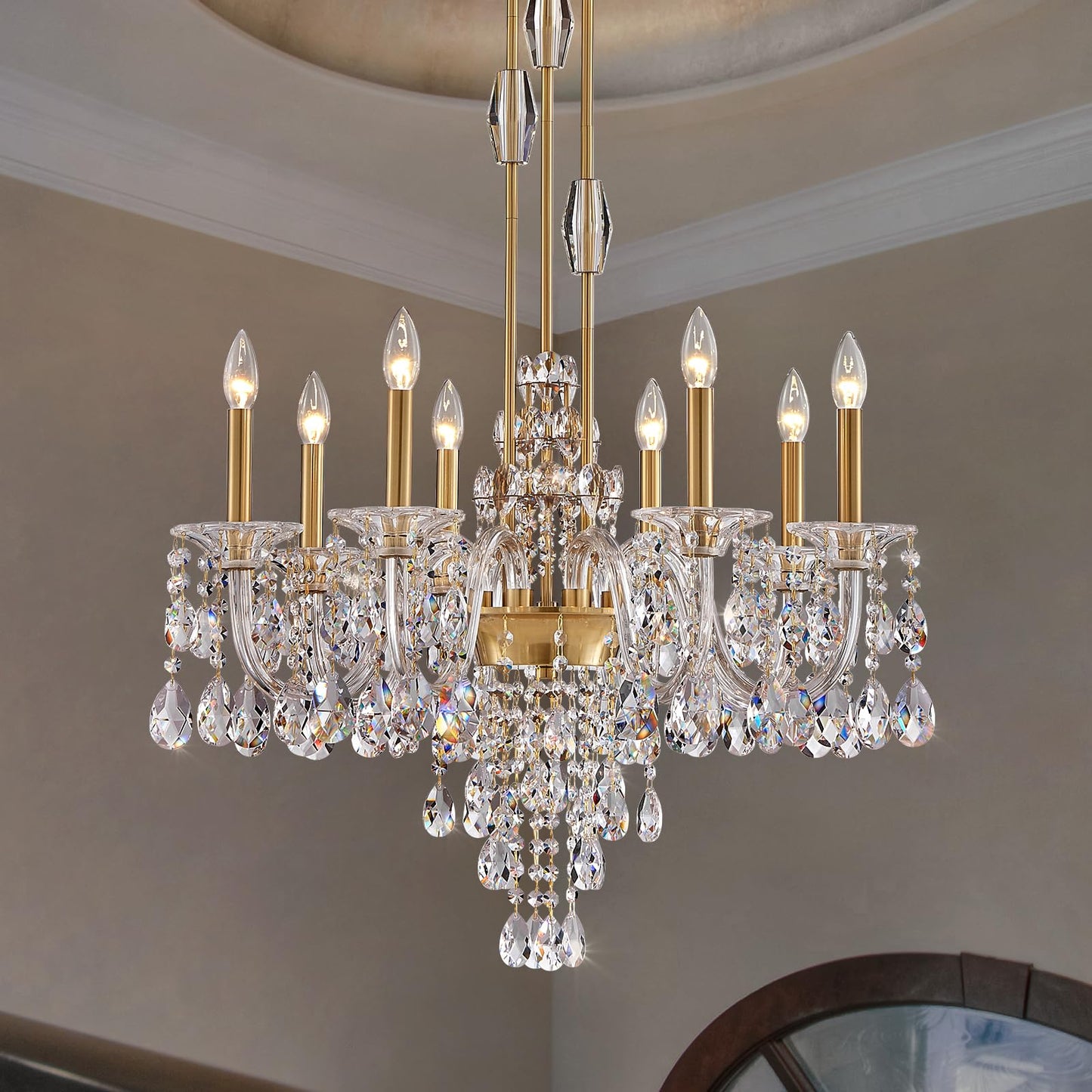 Duluyiee 8-Light Crystal Candle Chandelier, Brass Gold Chandelier for Dining Room, Entryway & Living Room, Adjustable Height, E12 Base