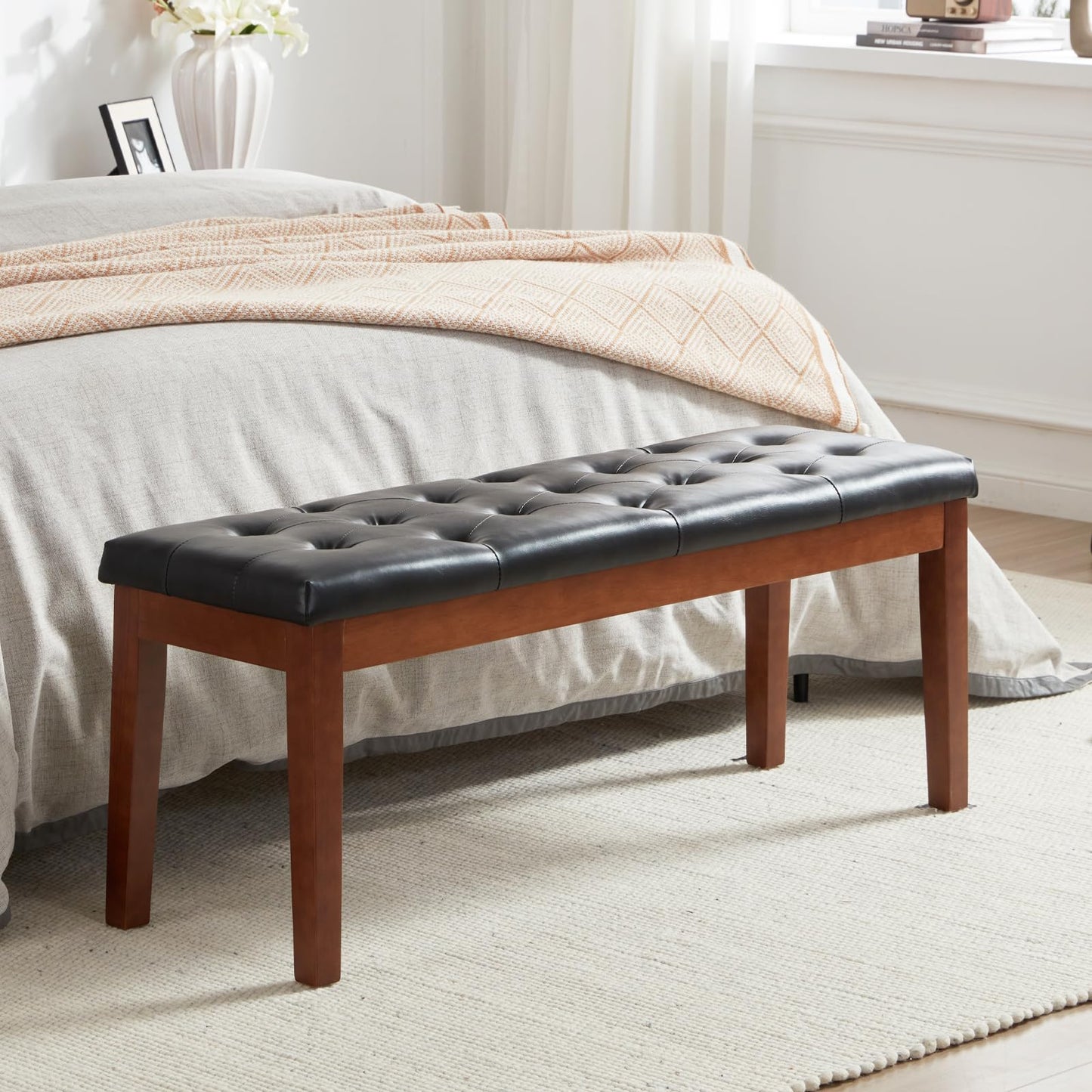 MILCIL Ottoman Bench Upholstered Padded Seat with Solid Wood Legs and Button-Tufted, Faux Leather Black