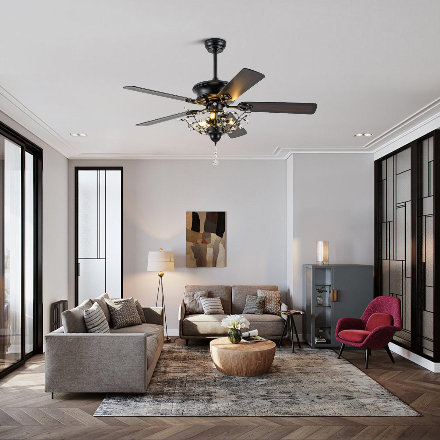 Oaks Aura 52 Modern Crystal Chandelier Ceiling Fans With Lights, Gorgeous Reversible Motor And 6 Speed Ceiling Fan Light Fixtu