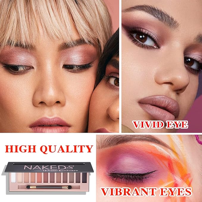 12 Shades Nude Matte Eyeshadow Palette,Shimmer Naked Eyeshadow Palette,Eye Shadow Palette Natural Flash Waterproof Durable Smoked Professional Makeup Palette With Brush(Matte)