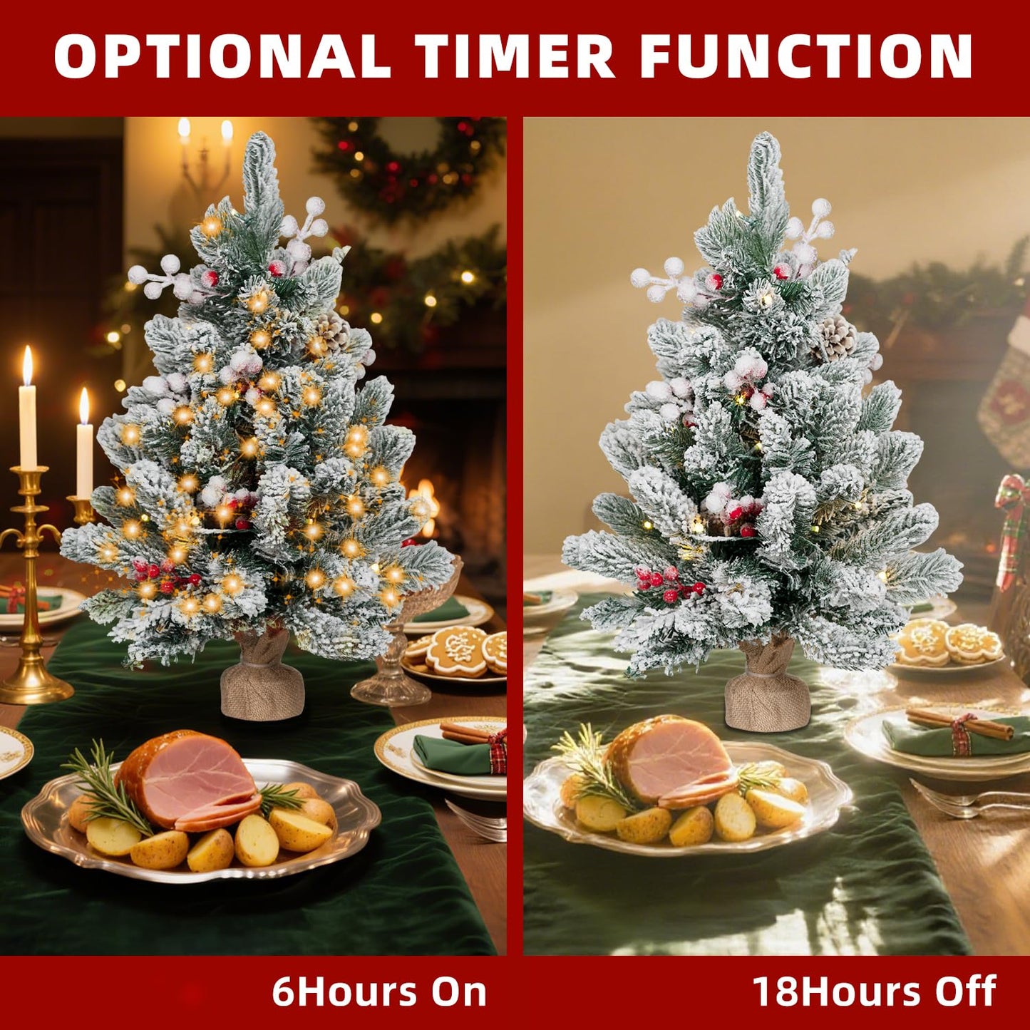 ININ 2FT Pre-lit Mini Christmas Snow Flocked Tree,Tabletop Artificial Christmas Tree with LED Lights, Small Xmas Pine Tree with Cloth Bag Base for Christmas Decor,12 Clusters Berry & 8 Pinecones