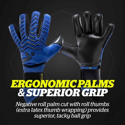 Storelli Electric Goalkeeper Gloves, High-Impact Hand Protection with 5 Removable Finger Spines, German Contact Latex, Wrist Strap, Extended Cuff, Youth & Adults, Unisex, 1 Pair, Blue Charge, Size 9