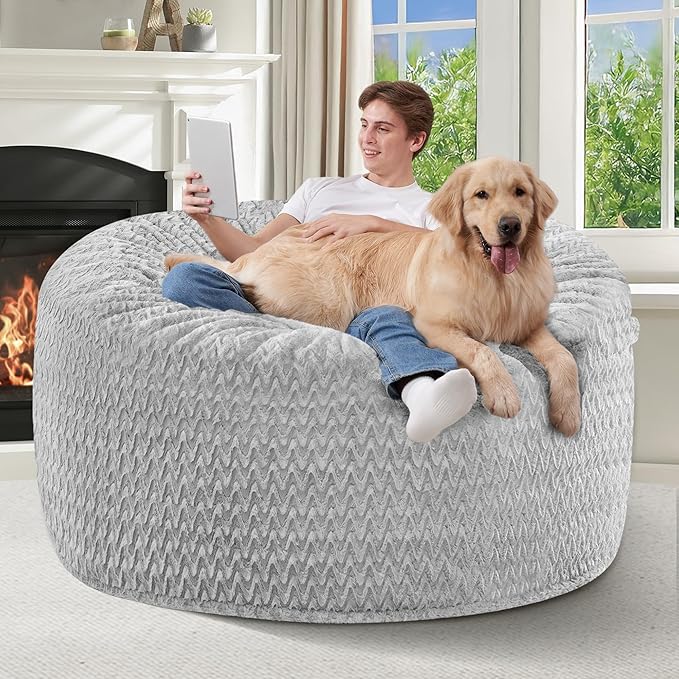4FT Bean Bag Chair,Giant Bean Bag Chairs for Adults,Big Bean Bags with Memory Foam Filled, Large Beanbag Chairs with Chevron Plush Cover-Light Grey