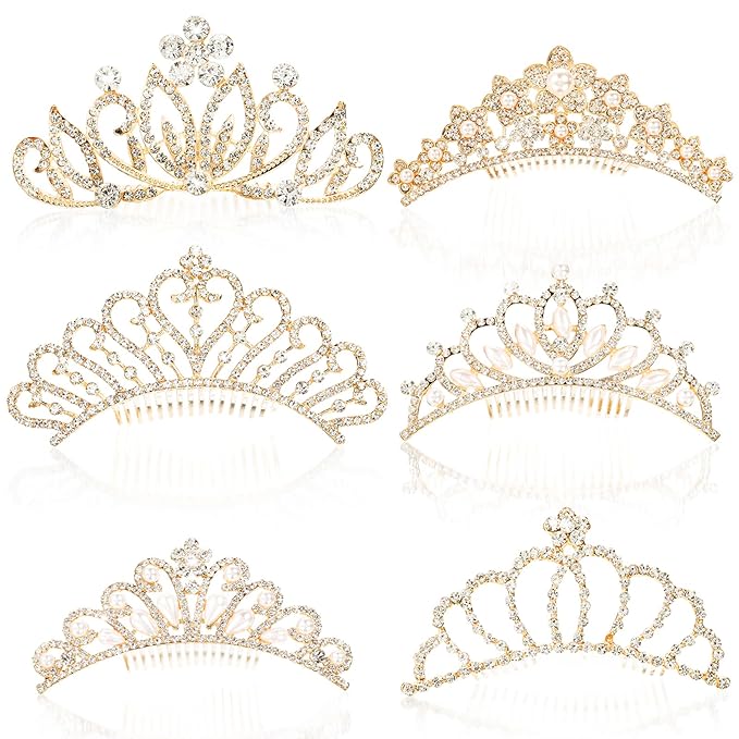Lyellfe 6 Pack Tiara Crown, Crystal Rhinestone Headbands with Comb, Gold Tiaras and Crowns Hair Accessories for Birthday P...