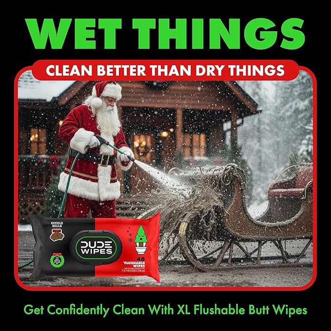 DUDE Wipes - Flushable Wipes Stocking Stuffers - 6 Pack, 288 Count - Dingle Bells - Extra Large with Crisp Pine, Balsam, and Other Jolly Scents