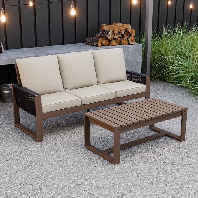INTER HUT Rustic Hideaway Natural Cedar Wood Outdoor Furniture Set, Wicker Patio Conversation Set for Porch Garden Backyard, Couch and Coffee Table, 2 Piece, Brownish/Beige