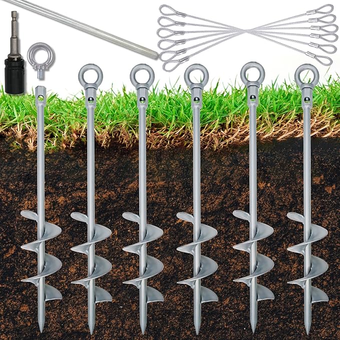 Tyalez 18 inch Ground Anchor Heavy Duty Earth Anchors Set Screw in for Mobile Home, Swing, Tent Trampoline Anchors Wind Resistant Tree Stakes and Supports with Drill Socket, 6 Pack