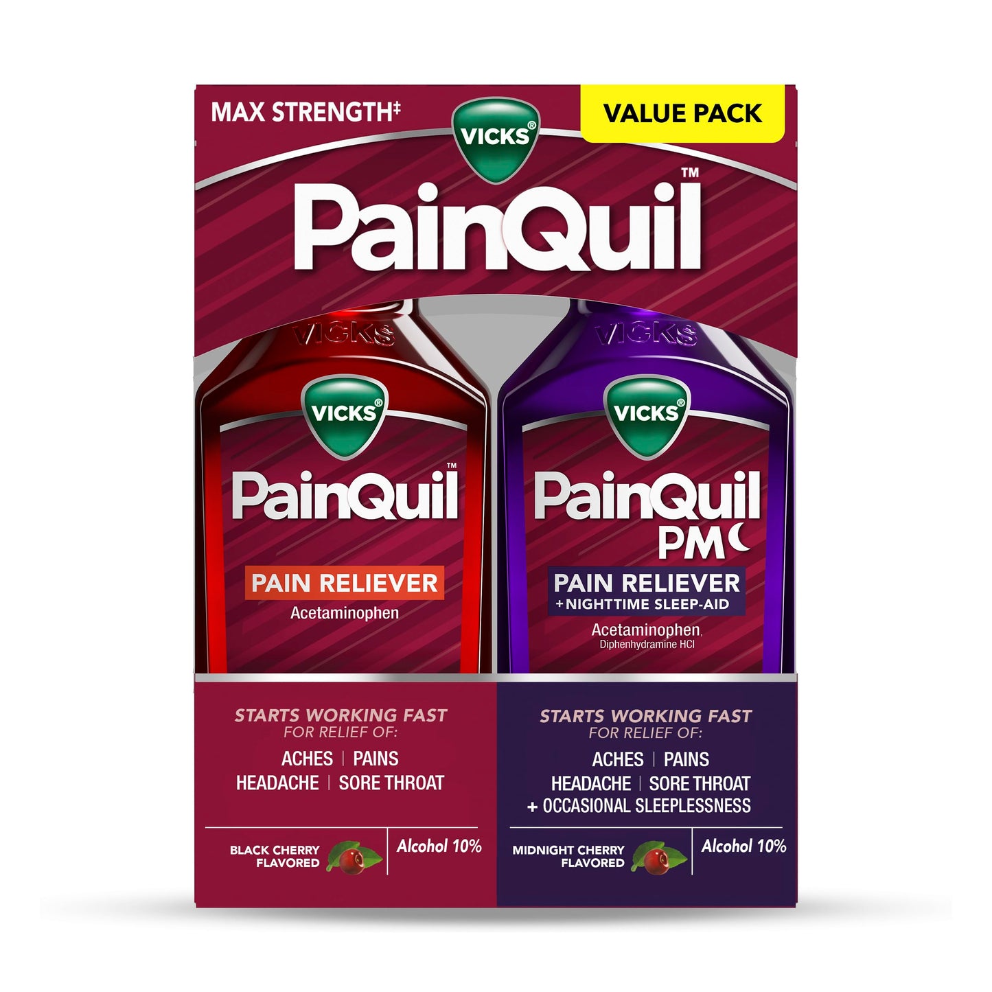 Vicks PainQuil & PainQuil PM Pain Relief Liquid, 1000mg Acetaminophen, 2x12 oz