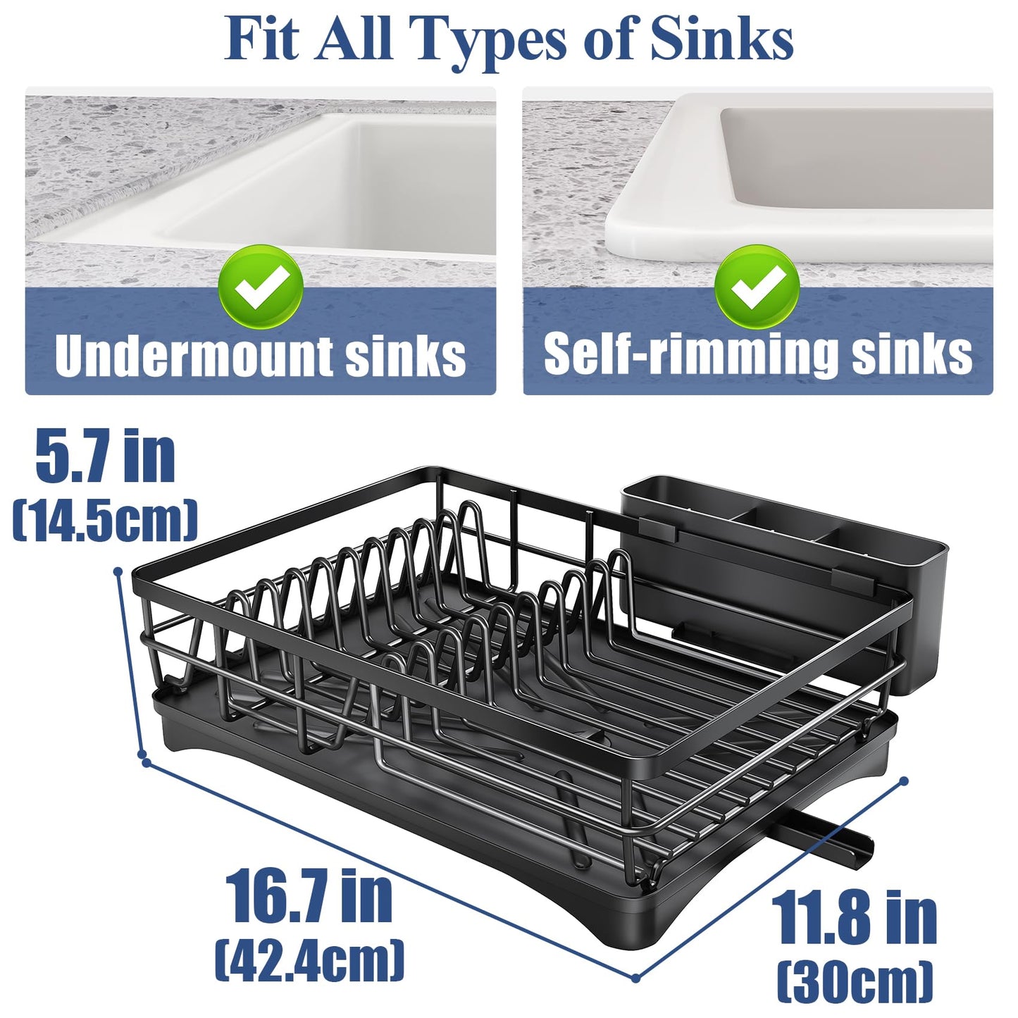Dish Drying Rack for Kitchen Counter - Large Dish Rack with Drainboard, Rustproof Dish Drainer with Utensil Holder for Sink, Black