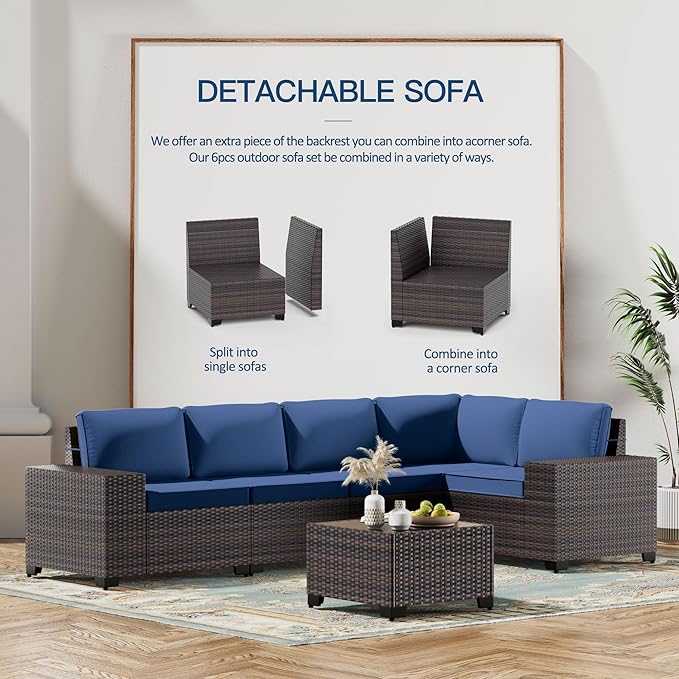 Kullavik 12PCS Outdoor Patio Furniture Set PE Wicker Rattan Sectional Sofa Patio Conversation Sets,Navy Blue