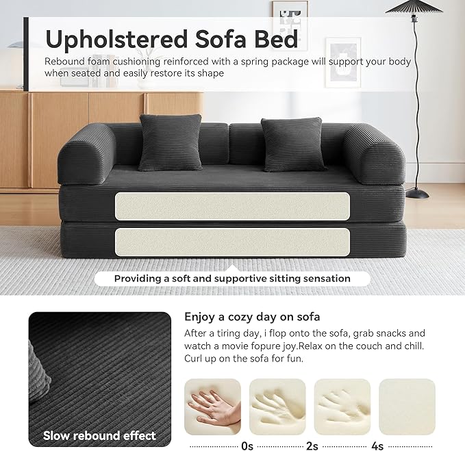 ZQRhome 79" 5-in-1 Convertible Sofa Bed, King Size Sleeper with Bonus Pillows & Heavy Duty Frame, No Assembly Corduroy Couch Bed for Movie Night & Guest Room, Black