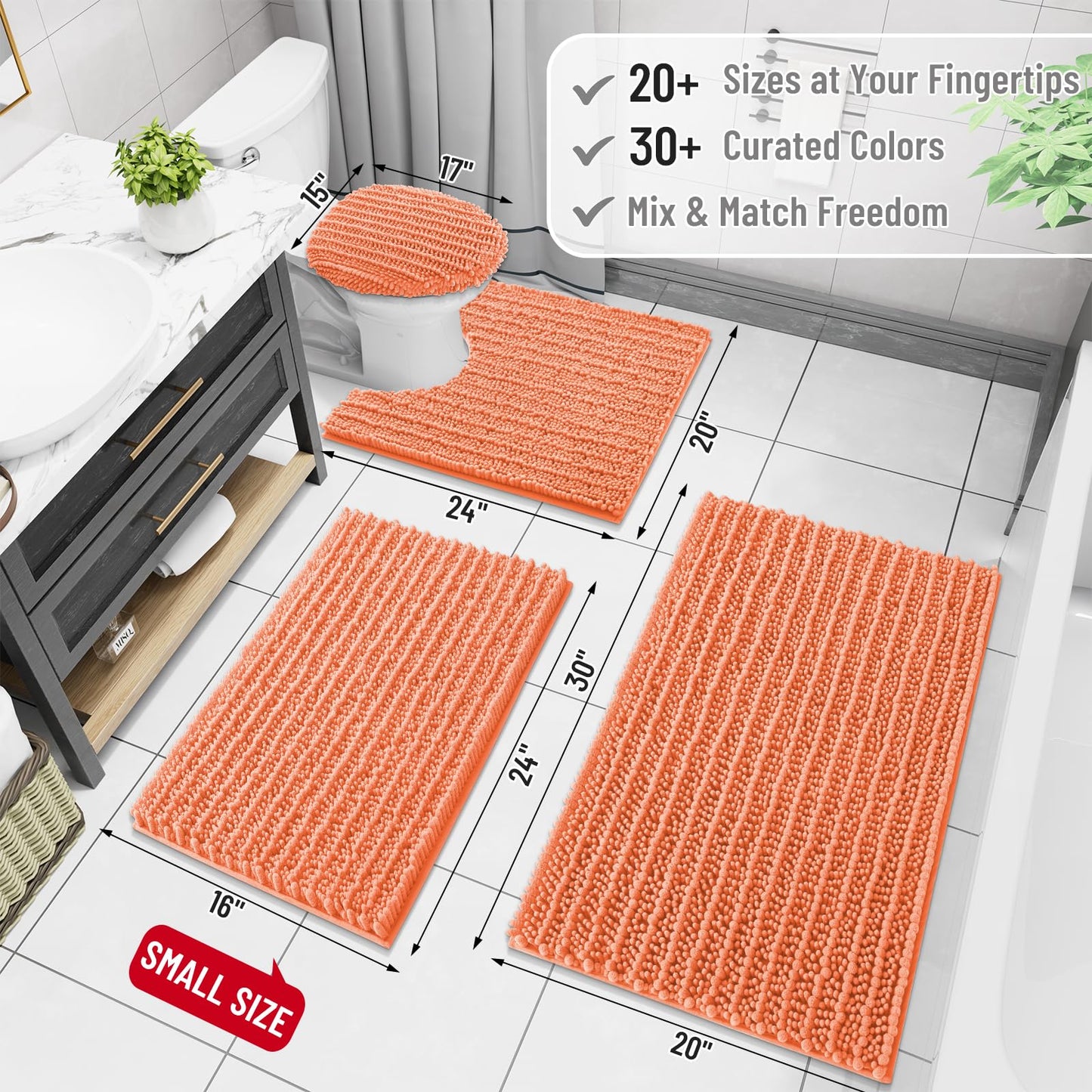 Arotive Luxury Chenille Bathroom Rug Mat, Extra Soft Thick Absorbent Shaggy Bath Rugs, Non-Slip Machine Wash Dry, Plush Bath Mats for Bathroom, Shower and Tub, 24x16, Coral