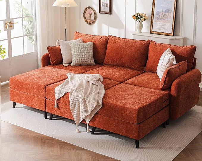 Rexulqo 104'' Modular Sectional Sofa with All Seats Storage, Oversized Sleeper Sofa Bed for Living Room,3-Seater Comfy Cloud Couches with Movable Ottoman,Big Sectional for Bedroom,Velet,Orange