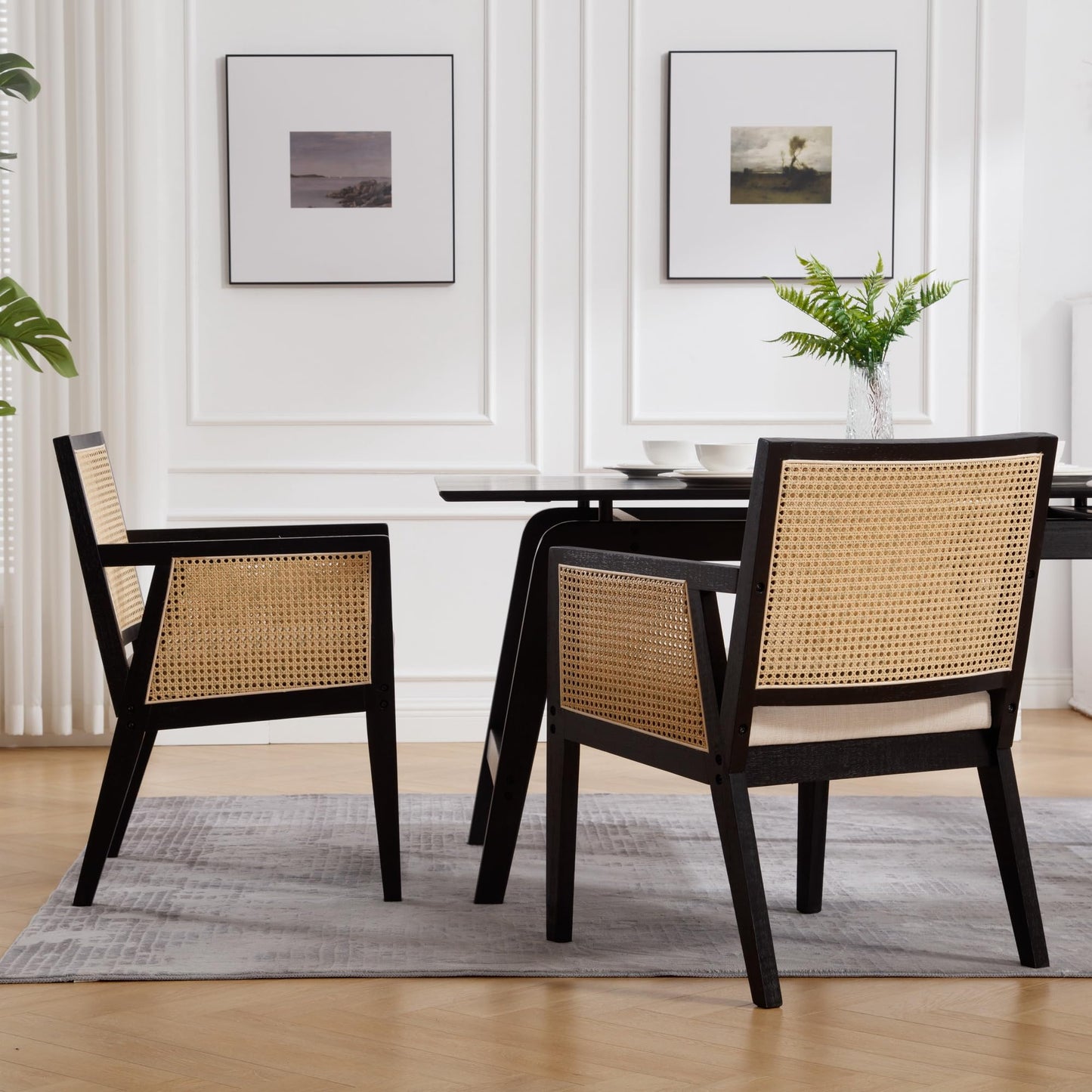 BESTANO Rattan Back Dining Chairs with Arms Set of 2, Mid Century Modern Dining Chairs Linen Fabric Upholstered Kitchen Chairs Side Chairs with Black Wooden Frame for Dining Room, Cream