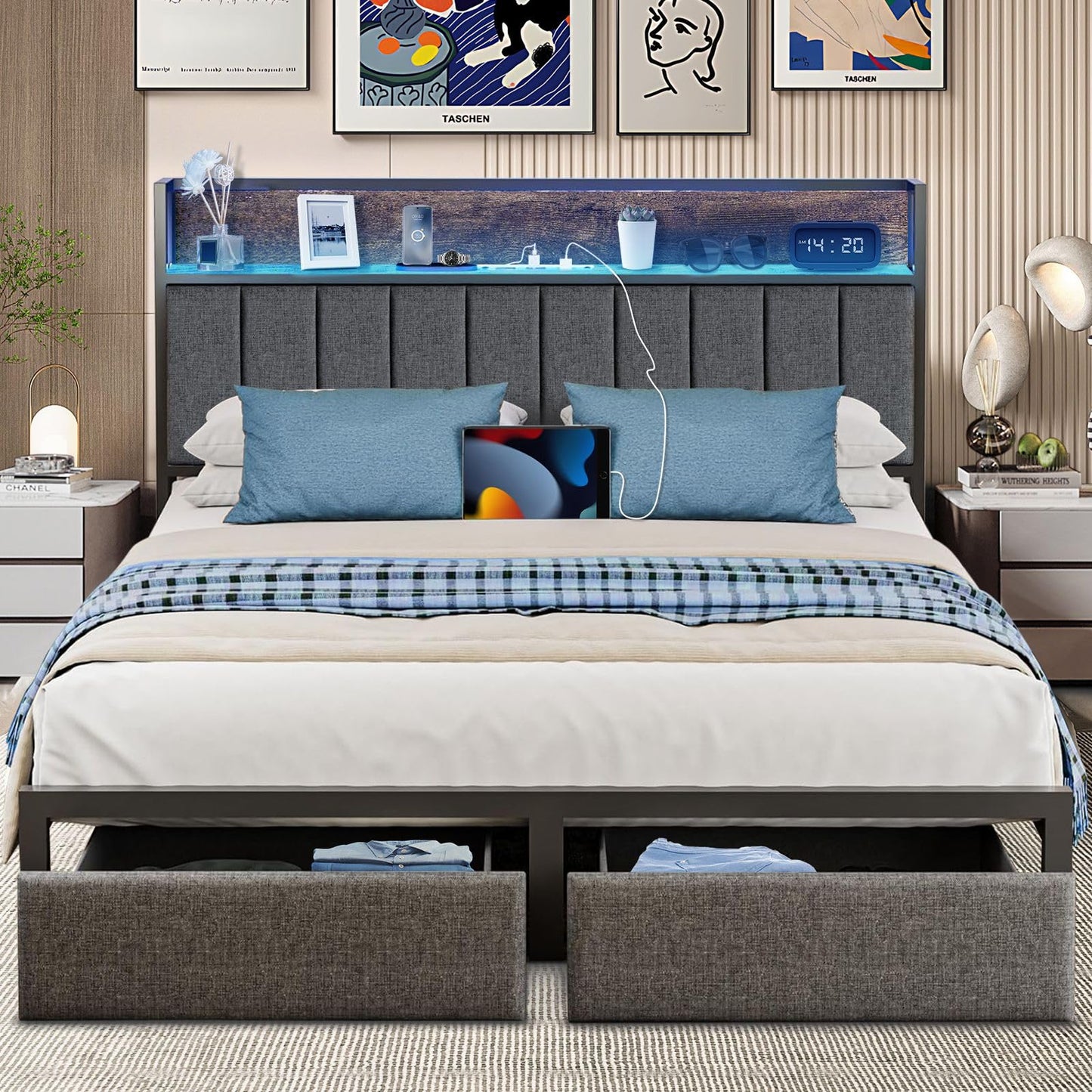 Queen Size Bed Frame with Socket and Storage Bed Frame with LED Light, Heavy Duty Metal Slats Support, No Box Spring Needed