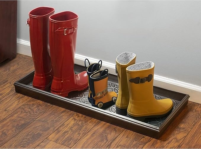 Good Directions Medium Boot Tray, Double Circles Multi-Purpose All Weather Decorative Tray, Shoes, Plants, Pet Bowls, 30x13x2 Inch, Dark Zinc Gray Steel