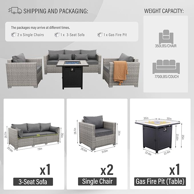 WAROOM Patio Furniture Set 4 Piece Wicker Conversation Sets PE Rattan Chair Outdoor Couch Sectional Sofa with 30" Fire Pit Table, Grey Cushion
