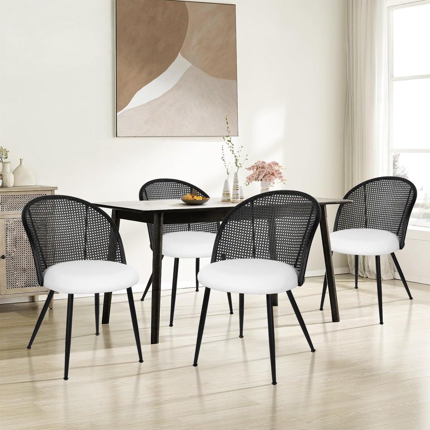 Bekrvio Rattan Dining Chairs Set of 4, Faux Leather Upholstered Dining Chairs with Black Cane Back, Mid-Century Modern Farmhouse Armless Accent Chairs for Kitchen Dining Room, Restaurant, White