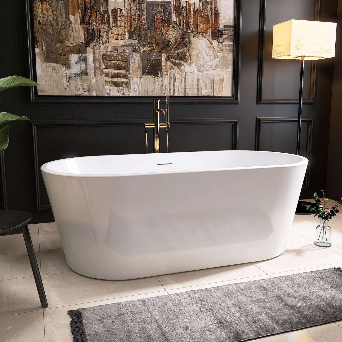 Adecab 59" Acrylic Freestanding Bathtub, Free Standing Tub, Stand Alone Tub, Soaking Tub with Integrated Overflow and Drain, cUPC Certified, Gloss White