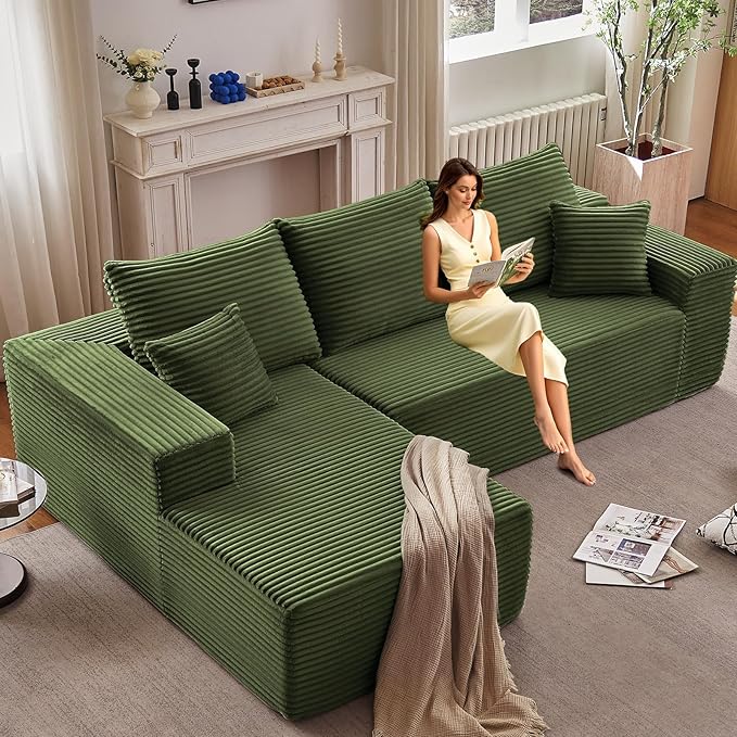 107" W Cloud Sectional Couch with L-Shape Chaise, Modern Corduroy Boneless Couch for Living Room,Memory Foam Sofa with Deep Seat,No Assembly Required (Green,Left-Facing Chaise)