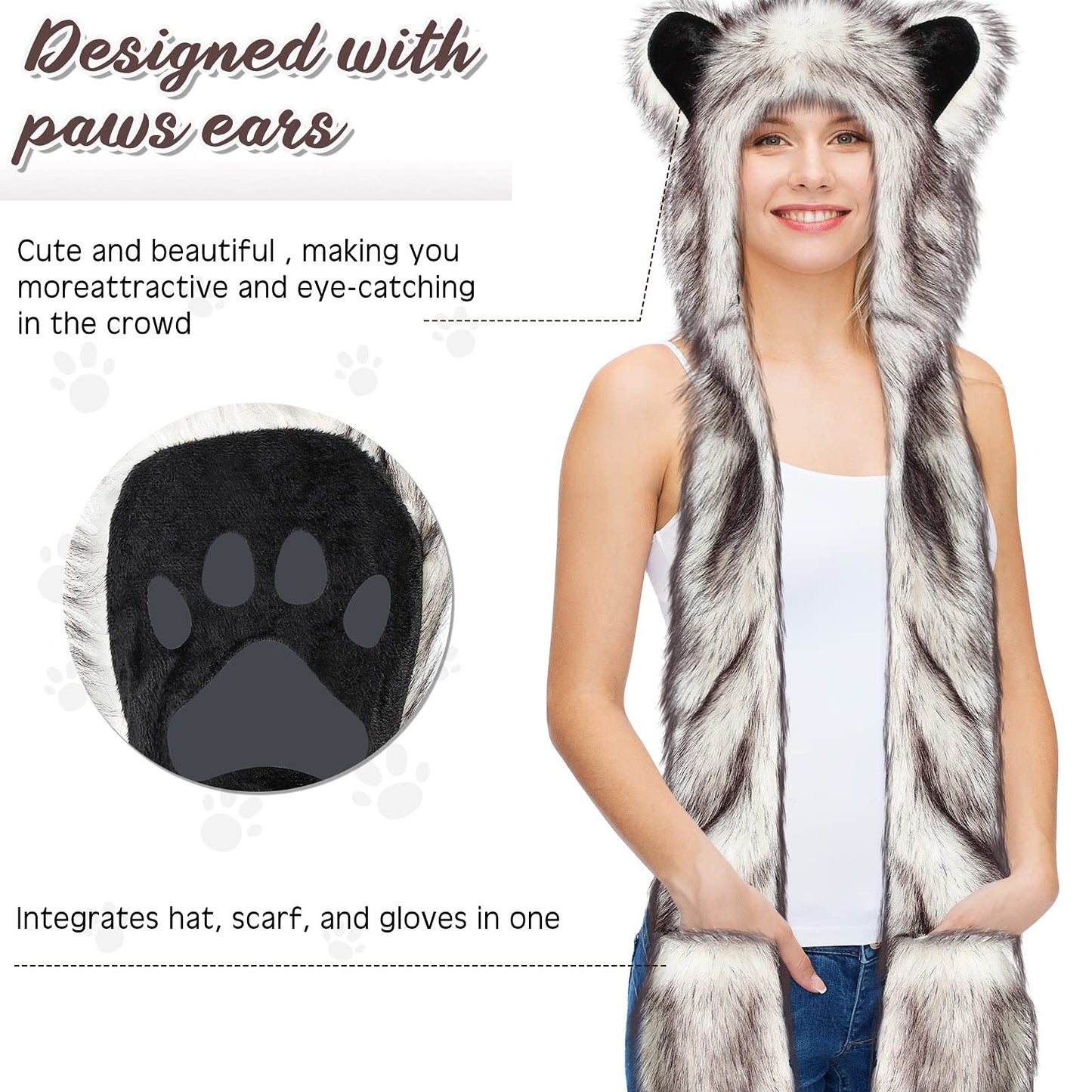 SATINIOR Wolf Faux Animal Hoods Hat Furry Hat Mittens Gloves Scarf Paws Ears Wolf Accessories (White and Black)
