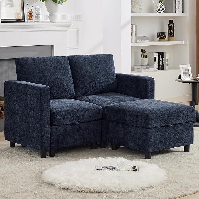 WUTUTUEE 58'' Modular Sectional Loveseat Sofa with Storage, Comfy Office L Shaped Sofa Couch, Chenille Love Seat Modular Sectional Couch with Movable Ottoman for Living Room, Bedroom, Navy