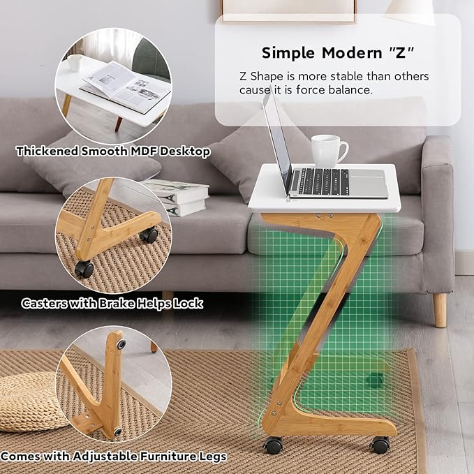 Nnewvante TV Tray, Sofa Side End Laptop Table with Wheels, Desk Snack Tray for Small Spaces Living Room and Bedroom, 23.5 Inch x 15.8 Inch (Standard with 360° Casters, Bamboo/White)