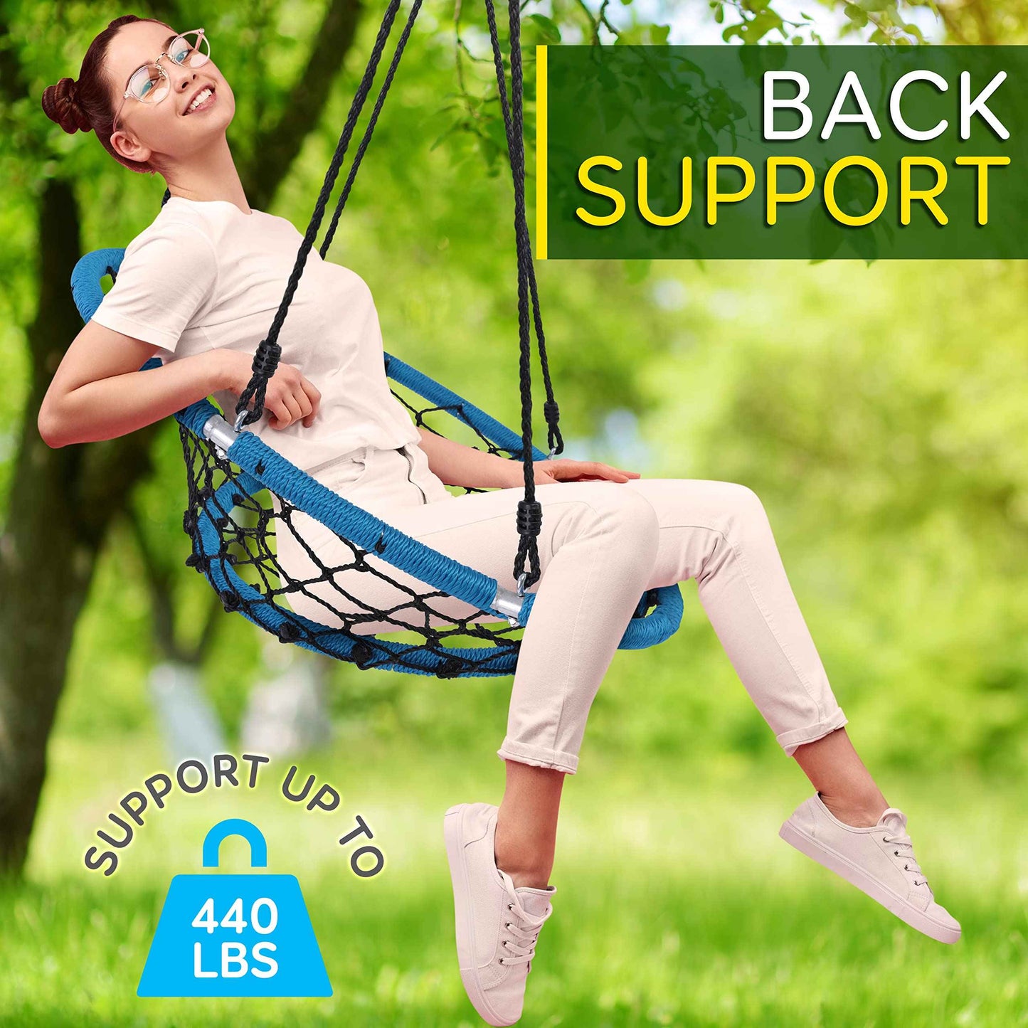 Serenelife Hanging Netted Seat Swing - 35.5" Diameter Kids Indoor Outdoor Round Circle Saucer for Trees or Sets - All-Season UV Resistant Rope Net Seat