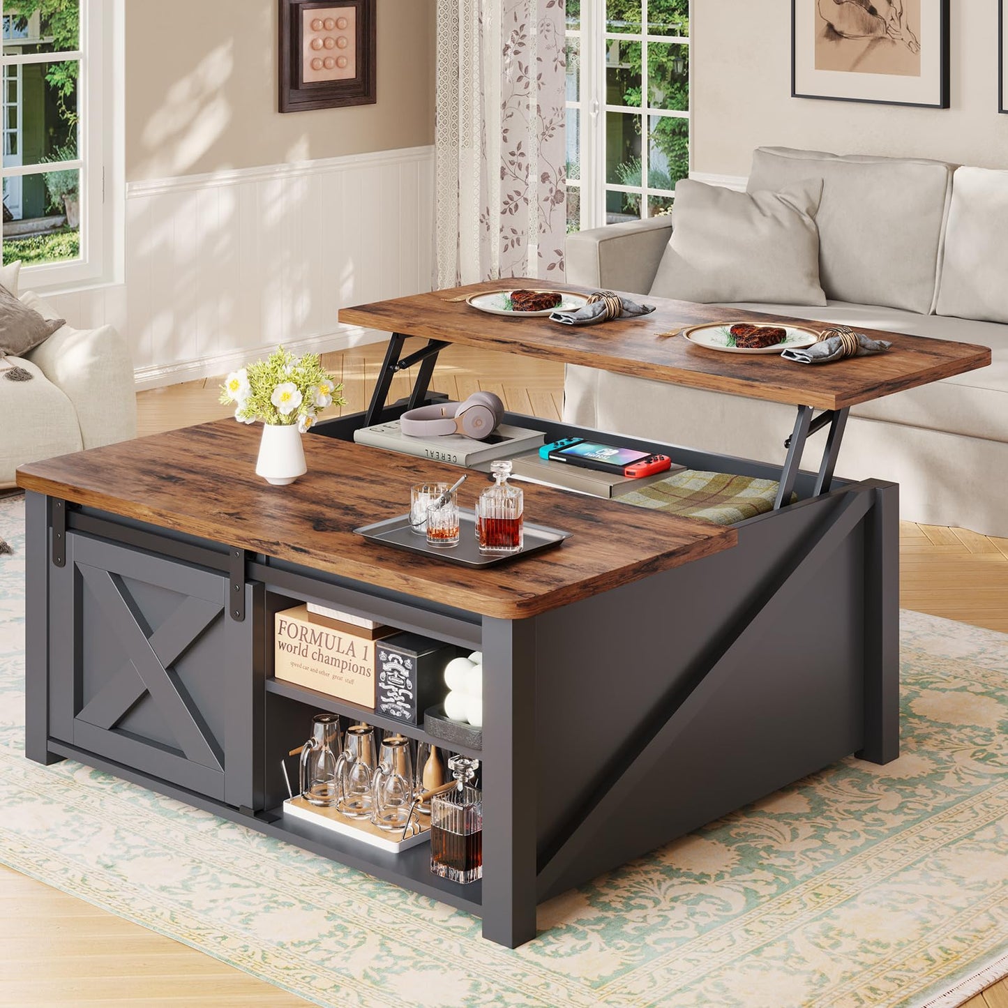 SEDETA 31.5" Lift Top Coffee Table with Storage, Square Coffee Tables for Living Room, Farmhouse Coffee Table with Large Hidden Storage Compartment and Adjustable Shelves, Black