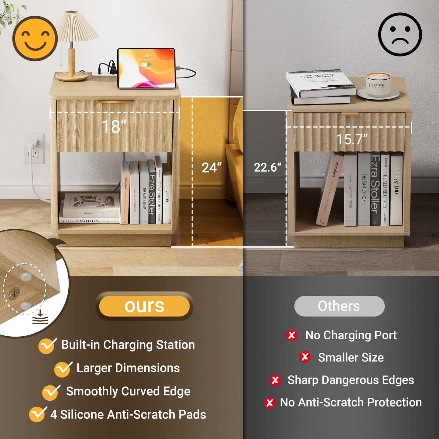 FavourLife Fluted Nightstand Set of 2 with Charging Station, 18" Bedside Table End Table with Drawer & Open Shelf, Mid Century Modern Night Stand for Bedroom Sofa Home Office, Natural Oak