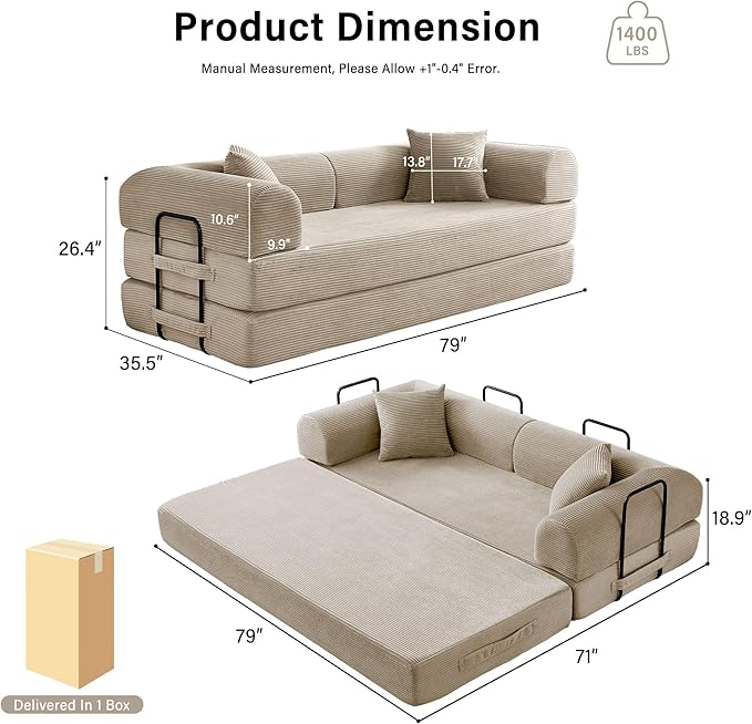 79" 5-in-1 Folding Convertible Sofa Bed, Oversized Corduroy Futon Floor Couch with Pull-Out Sleeper, Modular Boneless Loveseat for Small Spaces, Living Room, Bedroom (Beige)