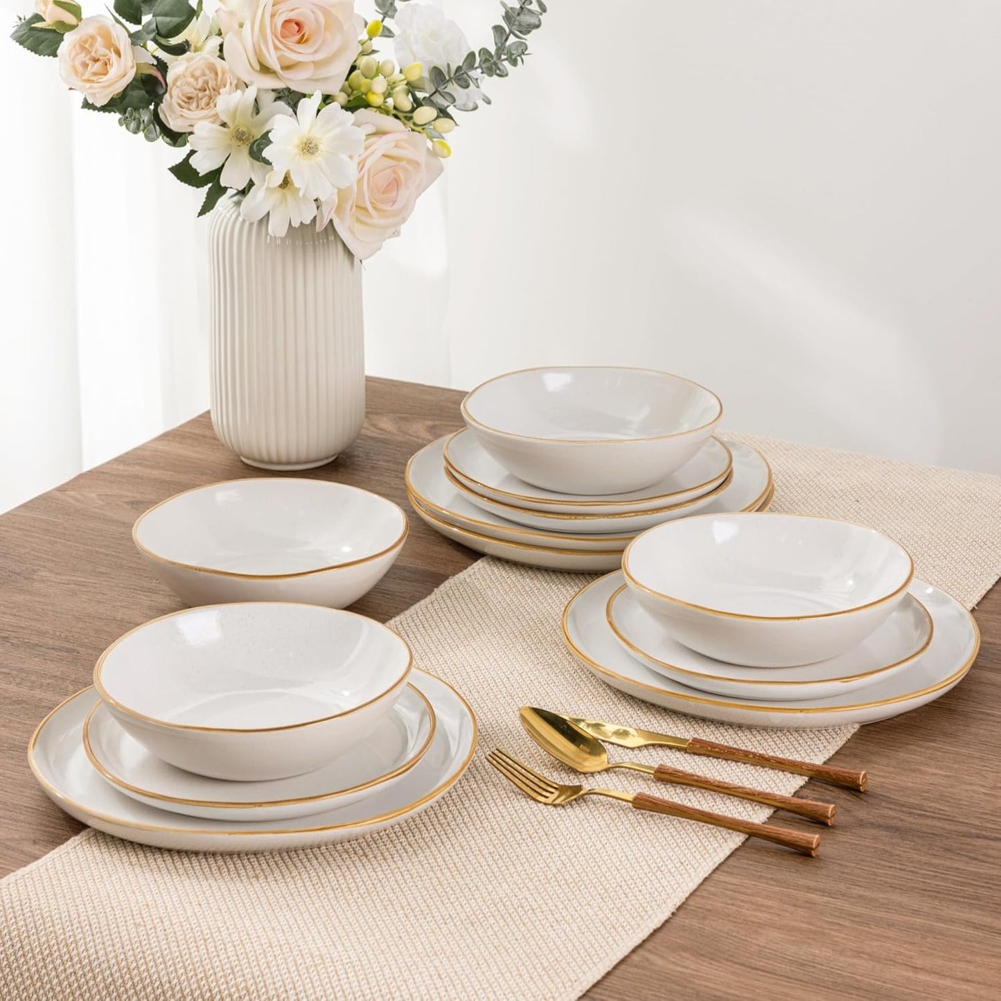 AmorArc Ceramic Dinnerware Sets,Handmade Reactive Glaze Stoneware Plates and Bowls Set,Highly Chip and Crack Resistant Dishware | Dishwasher & Microwave Safe Dishes Set,Service for 4(12Pcs)