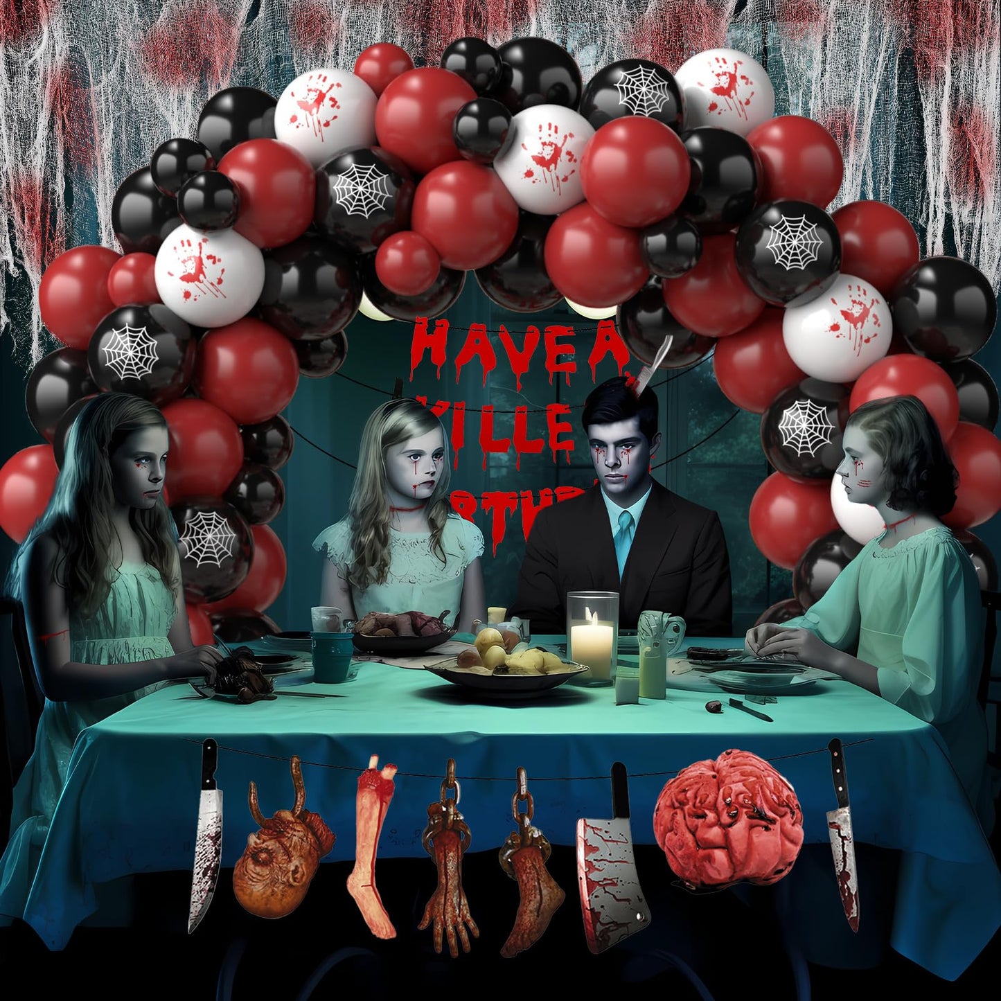 Halloween Balloon Garland with Creepy Cloth & 2 Style Banner - Black Red and Bloody Hand Print White Balloons Different Sizes Balloon Arch Kit for Halloween Scary Birthday Party Decorations Supplies
