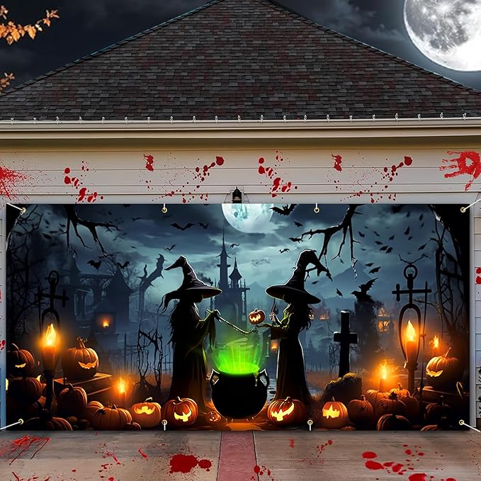 Lighted Witch Halloween Garage Door Decorations Banner - 7 x 16 ft Halloween Garage Door Cover with LED Light Strap, Large...