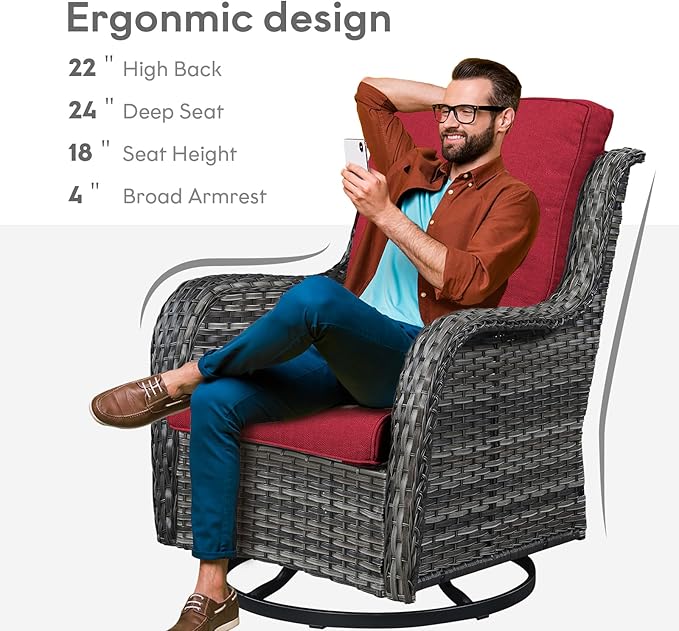 Belord 5 Piece Outdoor Patio Furniture Set - Wicker Furniture Patio Conversation Set, Outdoor Swivel Rocker Chairs with Loveseat Sofa and 2 Ottomans for Small Space, Red Cushion
