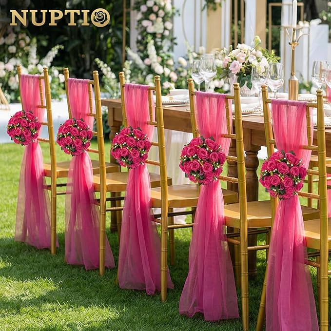 NUPTIO Flower Ball for Table Centerpieces: Hot Pink Artificial Rose Kissing Balls for Wedding Party Valentine Tables - 2 Pcs Faux Silk Floral Arrangements for Home Dining Event Decorations