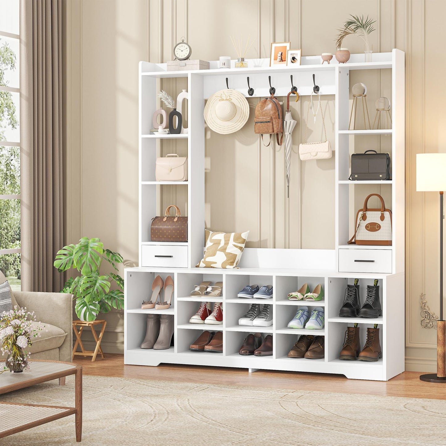 Nosepen 61.6" H White Hall Tree with Bench and Shoe Storage, 6-in-1 Multi-Functional Entryway Bench with 2 Drawers, 5 Coat Racks, Shoe Rack with 13 Shoe Cubbies, Entryway Storage Organizer, White