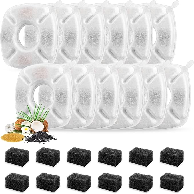 24 Pcs Cat Fountain Replacement Filters 12 Pack Cat Water Fountain Replacement Filters with 12 Pack Pre-Filter Sponges, Pe...