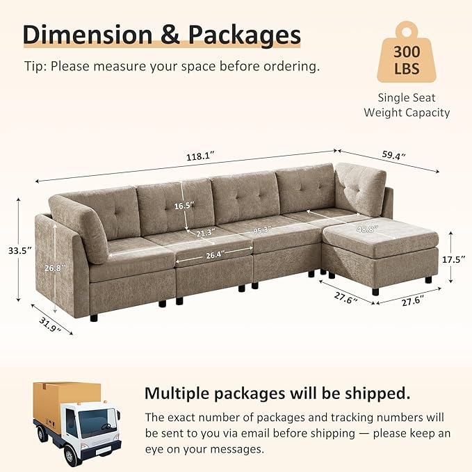 VANOMi 118" Modular Cloud Sofa with Ottoman, 4 Seater Modular Sectional Sofas & Couches for Living Room, Cozy Chenille Cloud Sectional Couch Sofas for Living Room, Apartment, Office, Camel, L Shaped