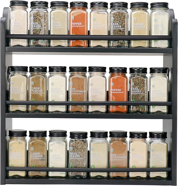 3 Tier Bamboo Spice Rack, Spice Rack Organizer, Seasoning Jars Rack Shelf Spice Organizer for Kitchen Counter or Wall Mounting, Spice Storage Holder with handles, Jars Not Included,Black