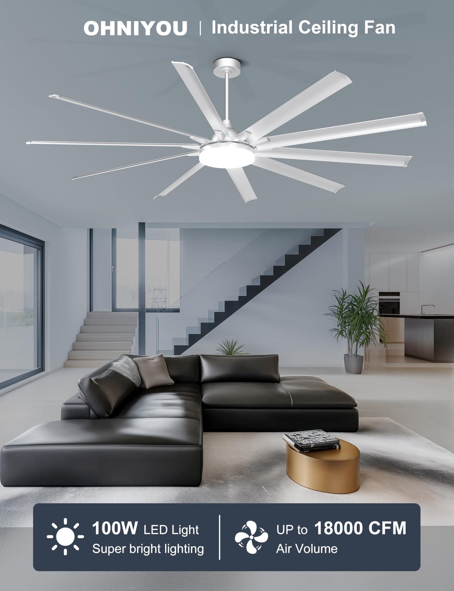 Ohniyou 96 Industrial Ceiling Fan With Bright Lights - Remote/App Control, High Cfm, Large Ceiling Fan For Shop, Covered Outdo