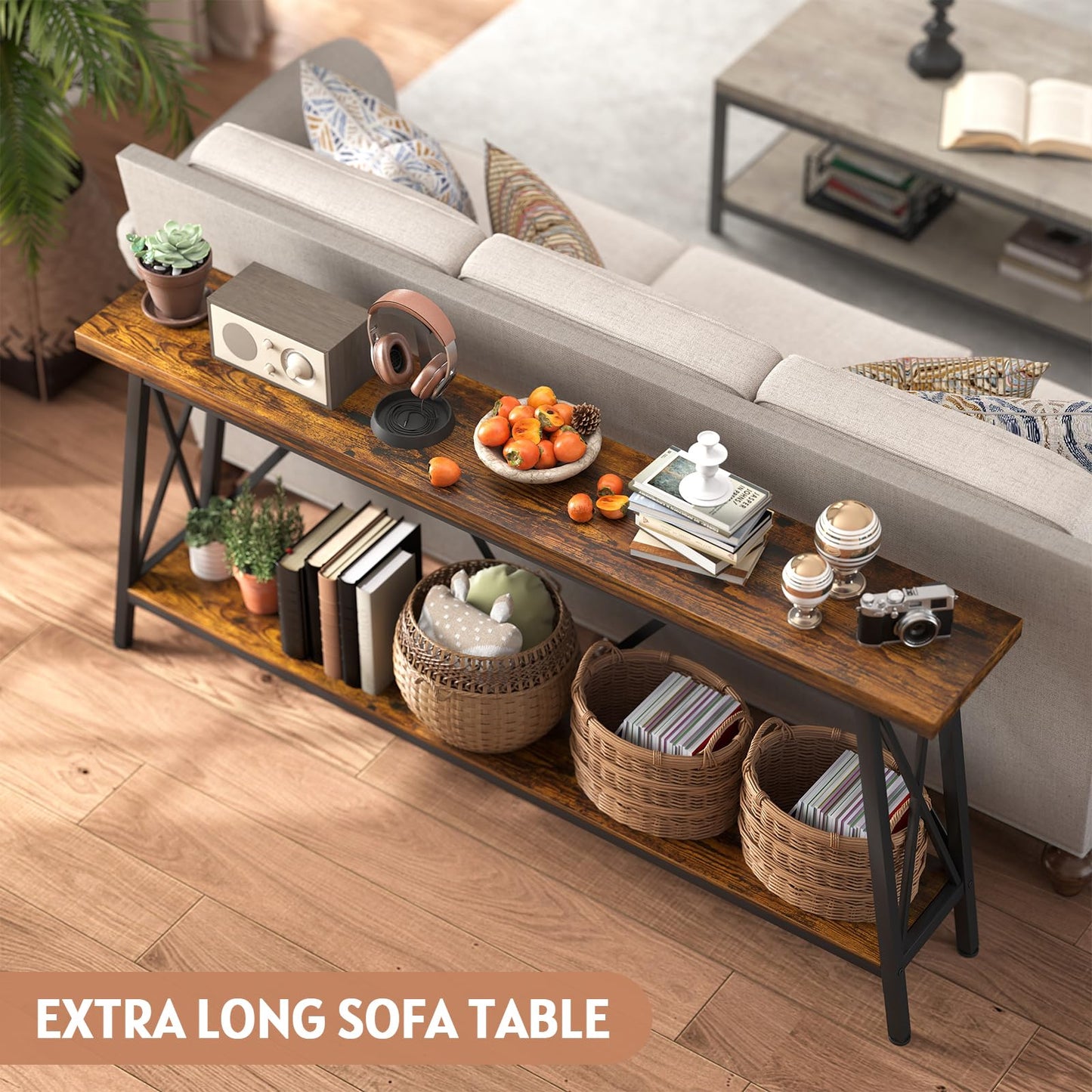 Rovibek 70.9 Inches Extra Long Sofa Table Narrow - Behind Sofa Table with X-Shaped Support, Industrial Console Table Entryway, Hallway Table for Entryway, Living Room, Brown