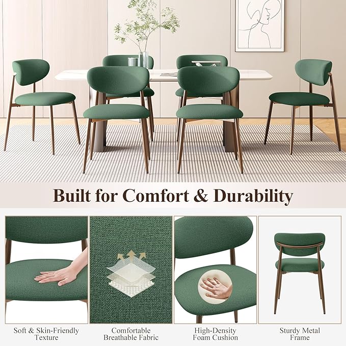 MALOL Dining Chairs Set of 6, Upholstered Dining Room Chairs with Metal Legs and Anti Slip Pads, Curved Back Kitchen Chair for Home and Restaurant Use, Green