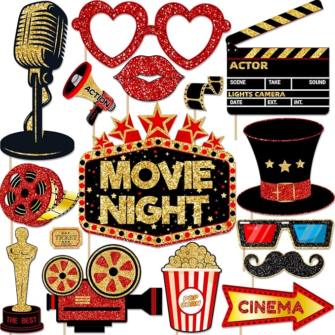 Movie Night Supplies Photo Booth Props Hollywood Photobooth Props for Movie Theater Themed Red Carpet Birthday Party Favor...