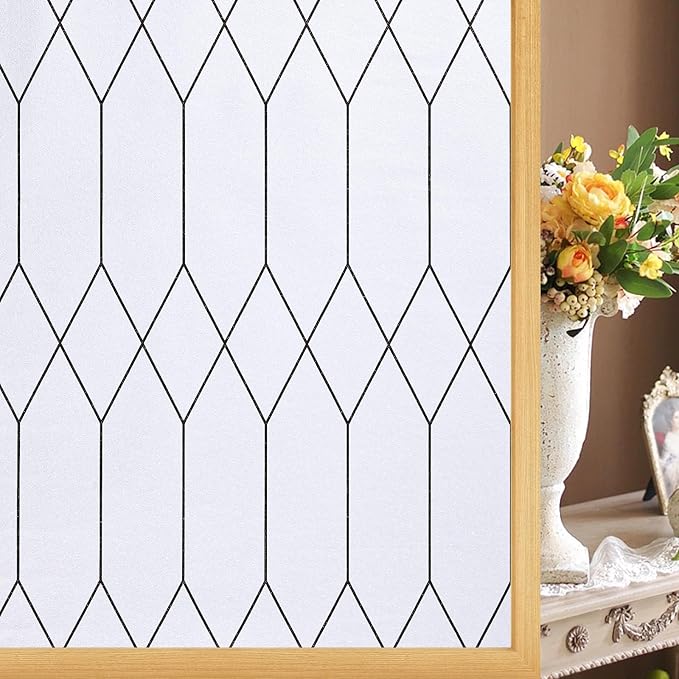 Windimiley Window Privacy Film Stained Glass Static Clings, Bathroom Frosted Leaded Decorative Window Stickers, UV Heat Blocking Opaque Removable for Home Door Coverings (35.4 x 78.7 in,White)