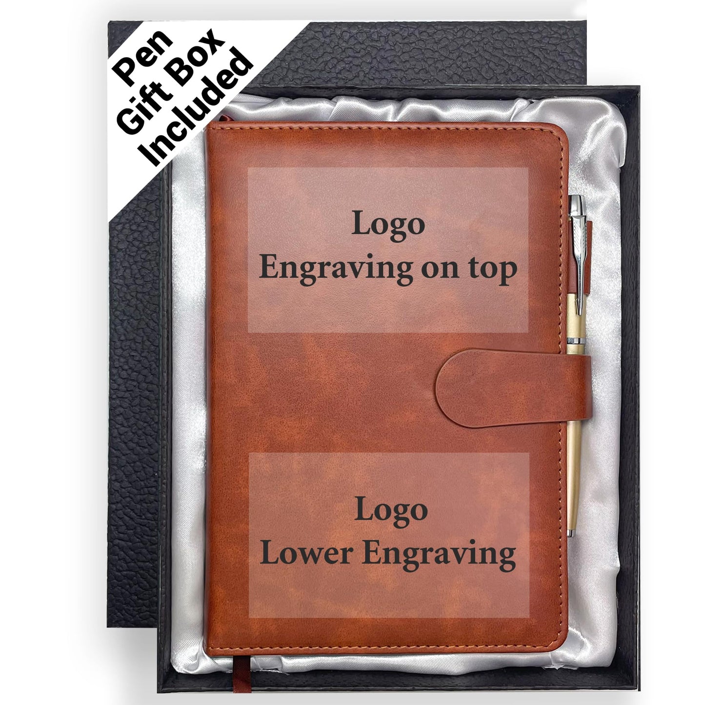Personalized Notebook with Pen and Gift Box, Custom Logo Leather Journal, Gifts for Women Men, Engraved Journals To Write In, Birthday, Best Friend, Mom, Sister, Corporate, Business Gift (Logo-Brown)