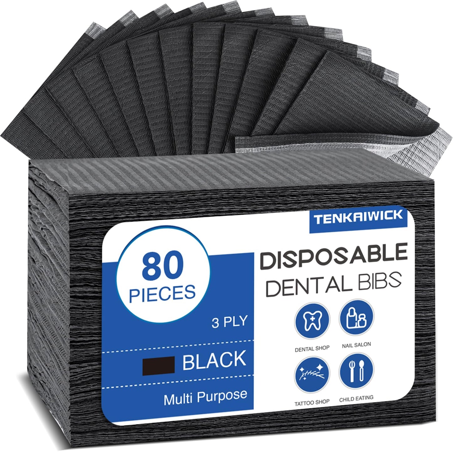 80 Pack Disposable Dental Bibs 13"x18", 3-Ply Waterproof Tattoo Bibs Sheet for Nail Salon, Dental Clinic, Feeding, Tattoo Shop (Black)